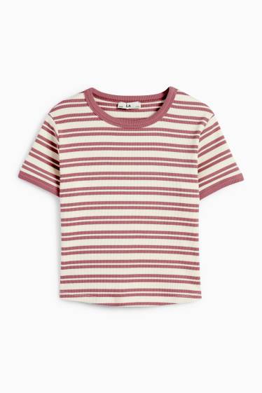 Kinderen: meisjes - T-shirt - ribstof - gestreept - donker rose