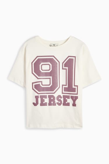 Kinderen: meisjes - T-shirt - glanseffect - crème wit