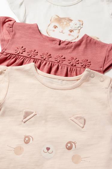 Baby: meisjes - Set van 3 - bloemetjes en katjes - baby-T-shirt - wit / roze