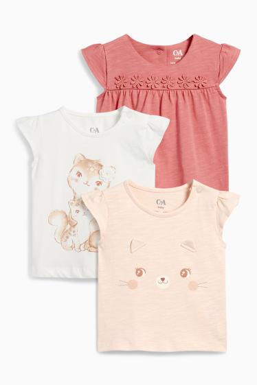Baby: meisjes - Set van 3 - bloemetjes en katjes - baby-T-shirt - wit / roze