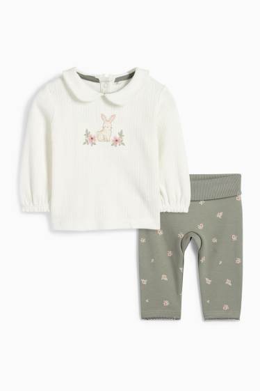 Baby: meisjes - Bloemetje en haasje - baby-outfit - 2-delig - crème wit