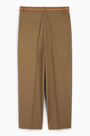 Damen - Stoffhose mit Gürtel - Mid Waist - Tapered Fit - Leinen-Mix - braun