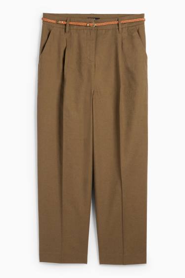 Damen - Stoffhose mit Gürtel - Mid Waist - Tapered Fit - Leinen-Mix - braun
