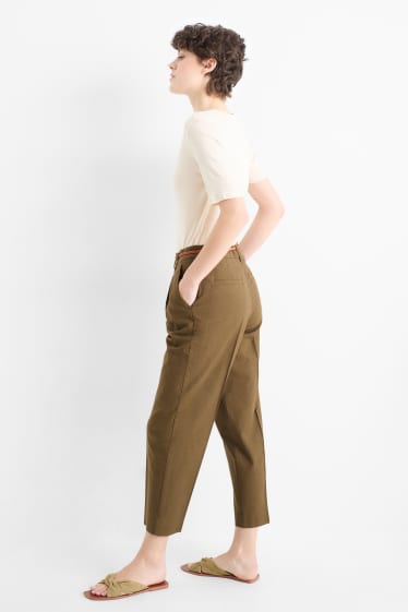 Damen - Stoffhose mit Gürtel - Mid Waist - Tapered Fit - Leinen-Mix - braun