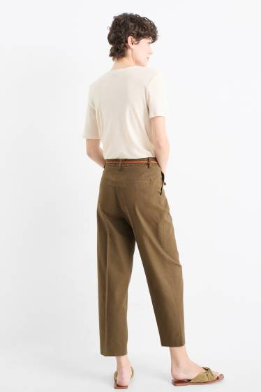 Damen - Stoffhose mit Gürtel - Mid Waist - Tapered Fit - Leinen-Mix - braun