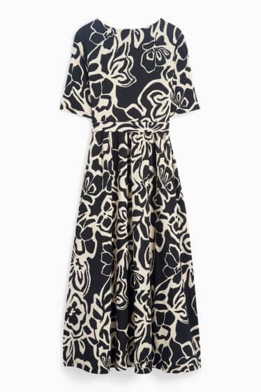 Women - Fit & flare dress with belt - floral - textured - black / beige