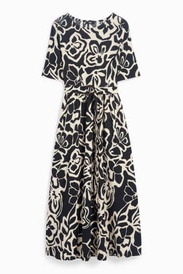 Women - Fit & flare dress with belt - floral - textured - black / beige