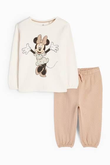 Baby: meisjes - Minnie Mouse - baby-outfit - 2-delig - met structuur - licht beige