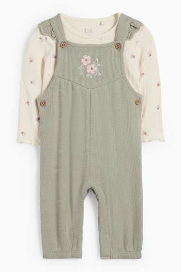 Baby: meisjes - Bloemetje - baby-outfit - Broderie Anglaise - 2-delig - licht beige