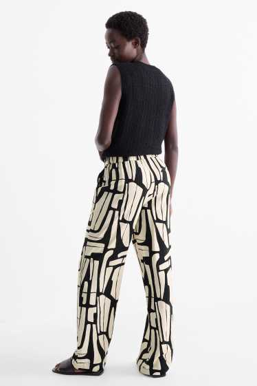 Dames - Pantalon - high waist - wide leg - met patroon - zwart / beige