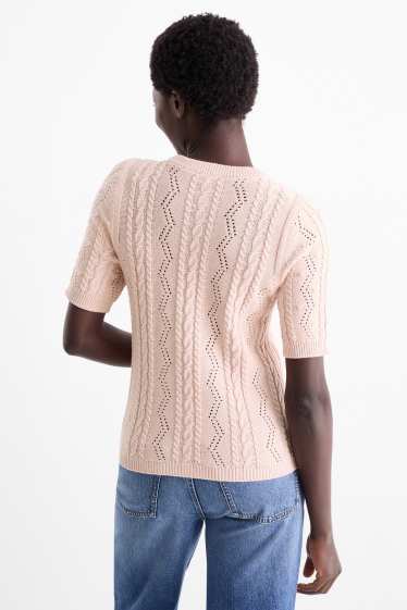 Damen - Strickpullover - kurzarm - Zopfmuster - rosa