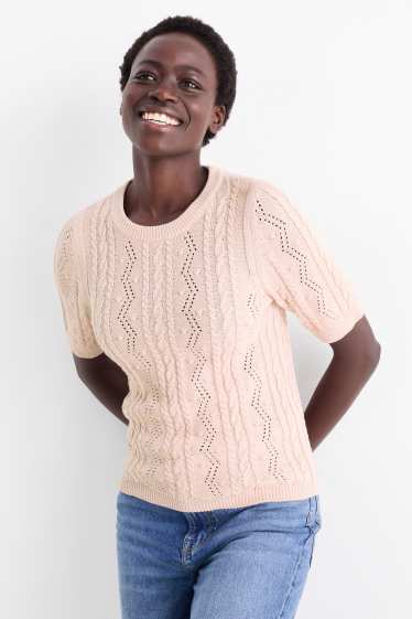 Damen - Strickpullover - kurzarm - Zopfmuster - rosa
