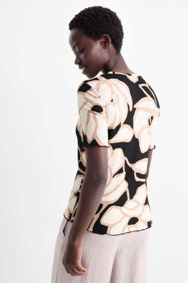 Women - T-shirt - regular fit - floral - textured - black / beige