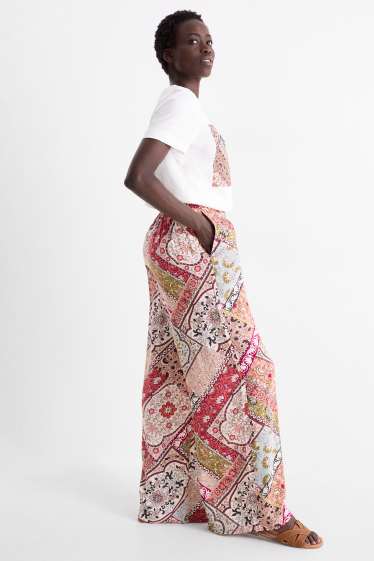 Damen - Stoffhose - Mid Waist - Wide Leg - geblümt - bunt