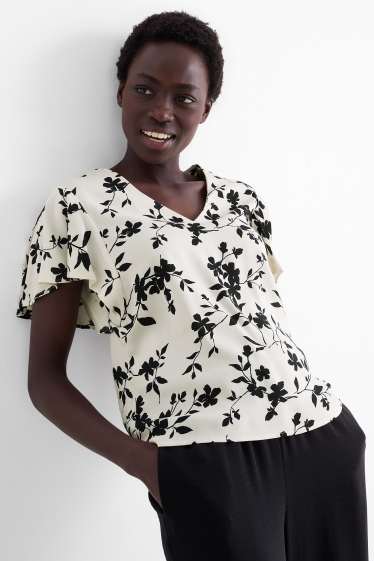 Damen - Bluse mit Volants - geblümt - schwarz / beige