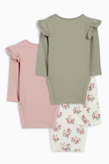 Baby: meisjes - Set van 3 - bloemetjes en konijntjes - rompertje - geribd - roze