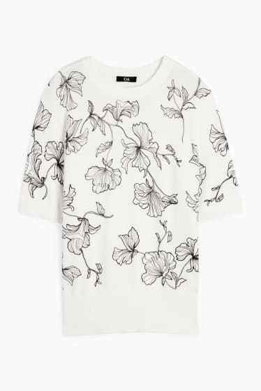 Femmes - Pull en maille - manches courtes - à fleurs - blanc / noir