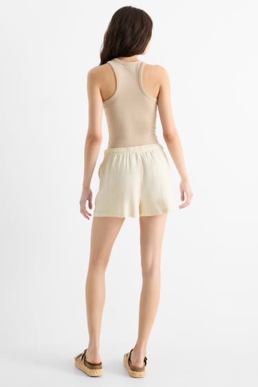 Dames - Korte broek, deels van linnen - mid waist - licht beige