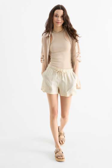 Dames - Korte broek, deels van linnen - mid waist - licht beige