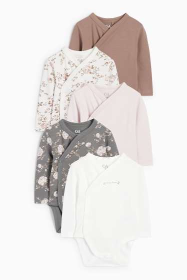 Baby: meisjes - Set van 5 - bloemetjes - wikkelrompertje - crème wit