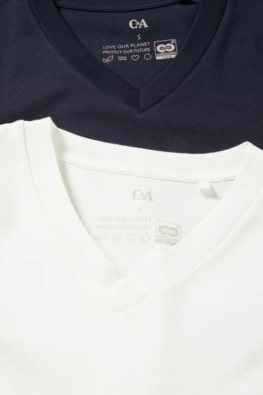 Dames - Set van 2 - basic T-shirt met V-hals - wit / blauw