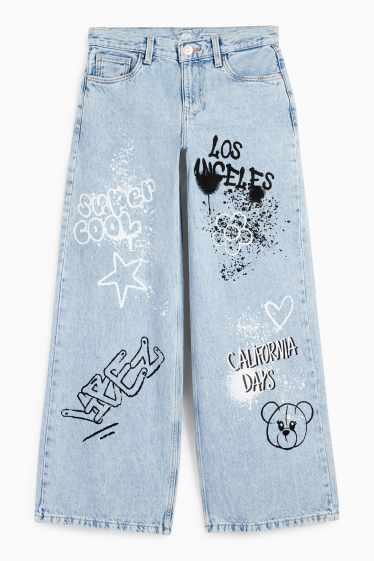 Enfants filles - Graffiti - wide leg jean - jean bleu clair