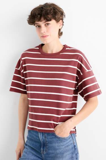 Damen - Basic-T-Shirt - Oversized - gestreift - bordeaux
