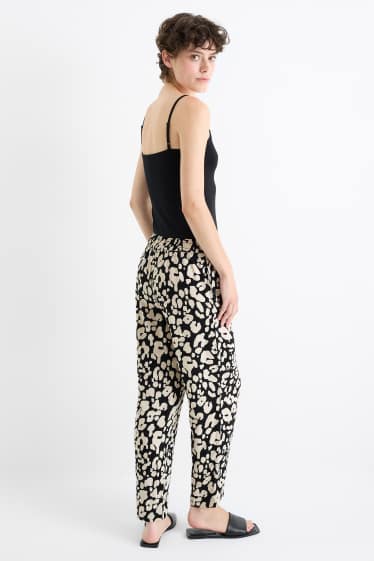 Damen - Stoffhose - High Waist - Tapered Fit - Leo-Print - schwarz / beige