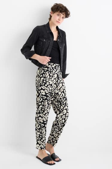 Damen - Stoffhose - High Waist - Tapered Fit - Leo-Print - schwarz / beige