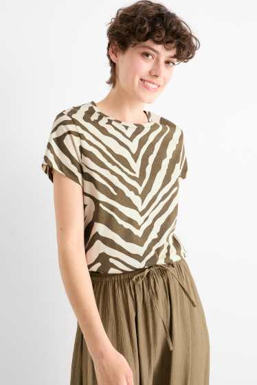 Dames - Basic T-shirt - regular fit - met patroon - beige / bruin