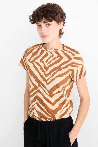 Women - Basic T-shirt - regular fit - patterned - orange / beige