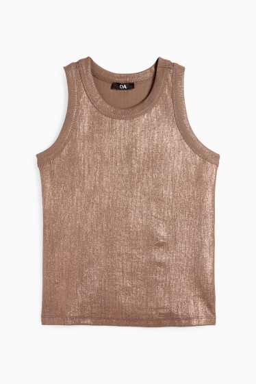 Damen - Top - gerippt - glänzend - braun / gold