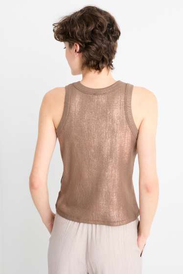 Damen - Top - gerippt - glänzend - braun / gold