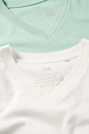 Dames - Set van 2 - basic T-shirt met V-hals - wit / turquoise