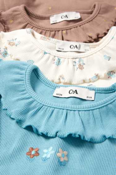Kinderen: meisjes - Set van 3 - bloemen en stippen - longsleeve - geribd - turquoise