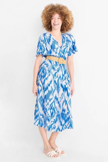 Damen - Viskose-Kleid mit V-Ausschnitt und Gürtel - gemustert - blau