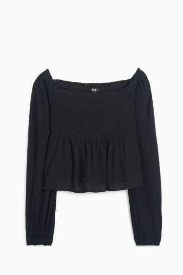 Damen - Crop Bluse - gesmokt - schwarz