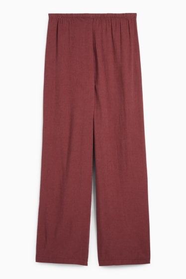 Women - Cloth trousers with linen content - mid-rise waist - wide leg - bordeaux