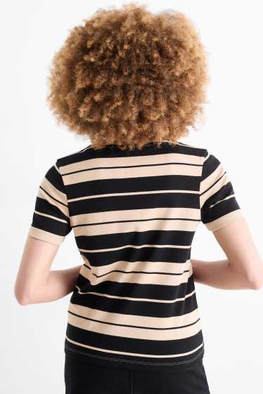 Dámské - Tričko basic - slim fit - pruhované - černá/béžová