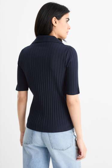 Dames - T-shirt met V-hals - regular fit - ribstof - donkerblauw