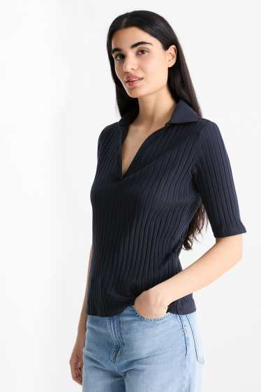 Dames - T-shirt met V-hals - regular fit - ribstof - donkerblauw