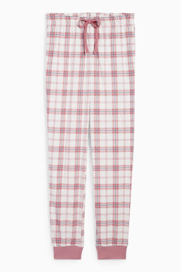 Dames - Flanellen pyjamabroek - geruit - wit / roze