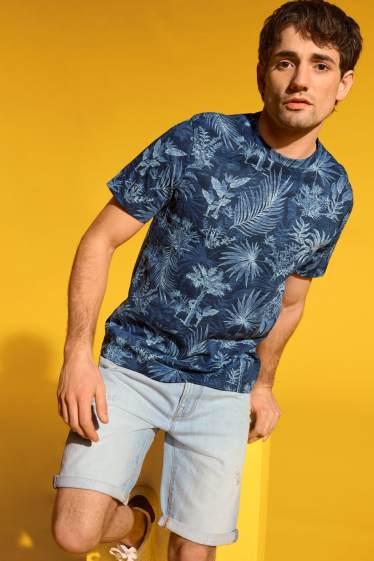 Men - T-shirt - regular fit - patterned - dark blue