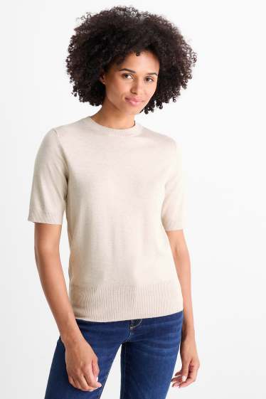 Dames - Gebreide trui - korte mouwen - licht beige