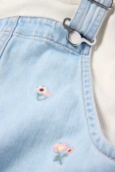 Kinder Mädchen - Set - Blume - Langarmshirt und Jeans-Latzkleid - 2 teilig - helljeansblau
