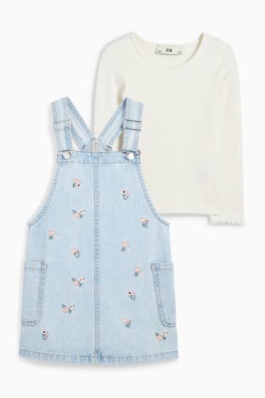 Kinder Mädchen - Set - Blume - Langarmshirt und Jeans-Latzkleid - 2 teilig - helljeansblau