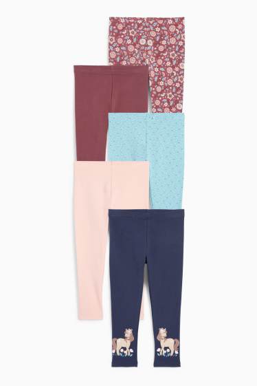 Kinderen: meisjes - Set van 5 - paard en bloemen - legging - rood / blauw