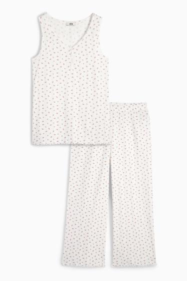 Damen - Pyjama - geblümt - weiss