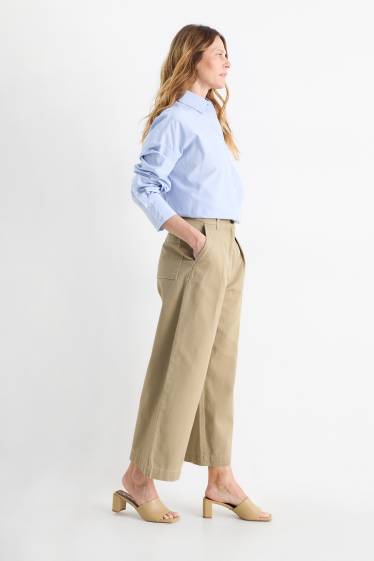 Donna - Pantaloni di stoffa con cintura - vita alta - gamba larga - kaki