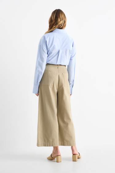 Donna - Pantaloni di stoffa con cintura - vita alta - gamba larga - kaki